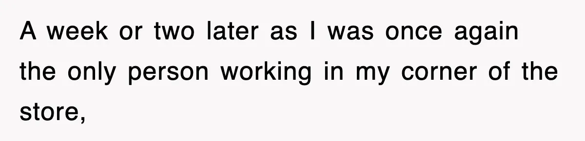 A week or two later as I was once again the only person working in my corner of the store,