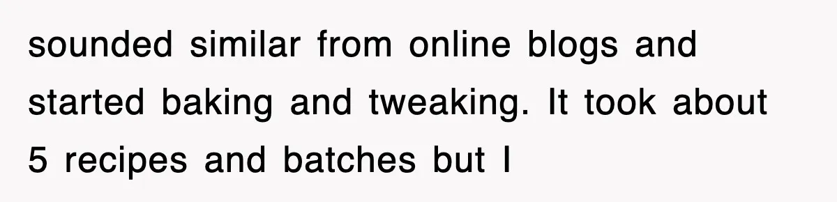 sounded similar from online blogs and started baking and tweaking. It took about 5 recipes and batches but I