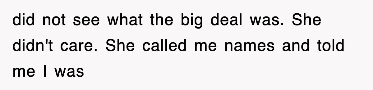 did not see what the big deal was. She didn't care. She called me names and told me I was
