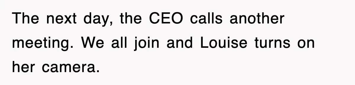 Petty CEO Gets Three Rounds Of Malicious Compliance From Her Own Staff The next day, the CEO calls another meeting. We all join and Louise turns on her camera.