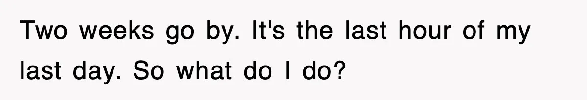 Petty CEO Gets Three Rounds Of Malicious Compliance From Her Own Staff Two weeks go by. It's the last hour of my last day. So what do I do?
