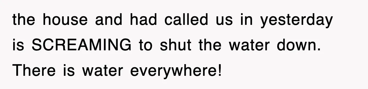 the house and had called us in yesterday is SCREAMING to shut the water down. There is water everywhere!