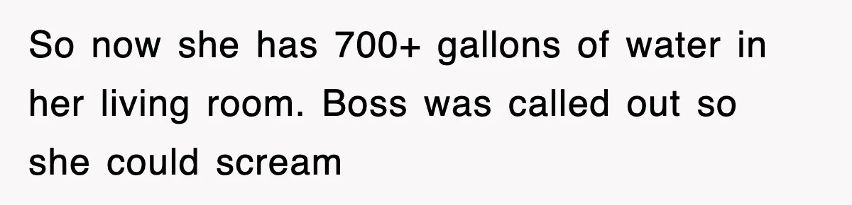 So now she has 700+ gallons of water in her living room. Boss was called out so she could scream