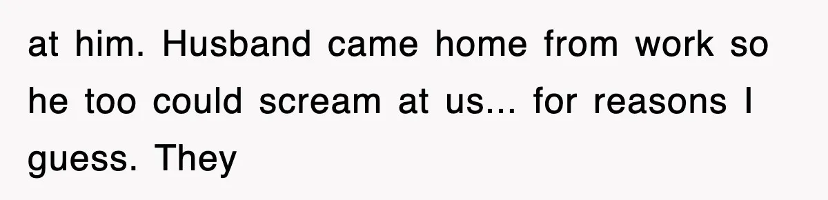 at him. Husband came home from work so he too could scream at us... for reasons I guess. They