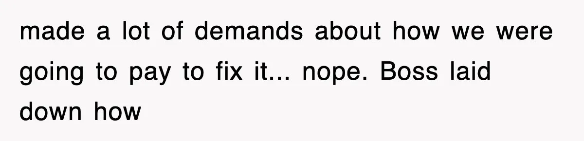 made a lot of demands about how we were going to pay to fix it... nope. Boss laid down how