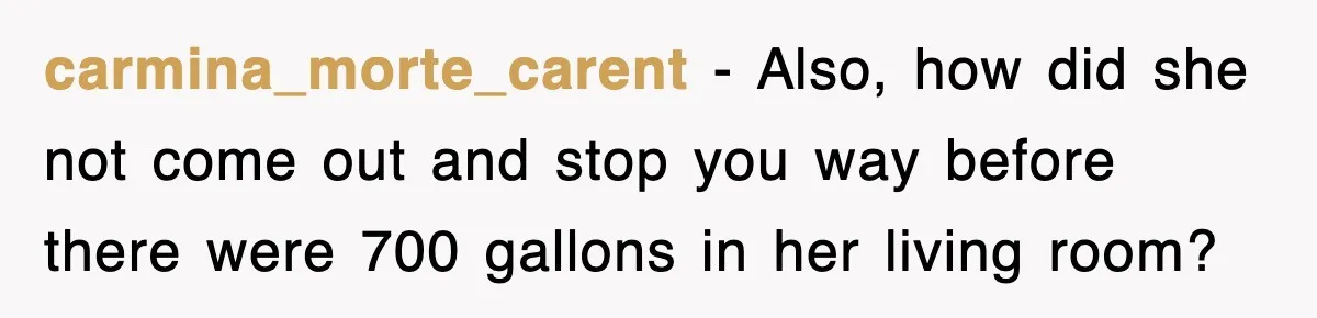carmina_morte_carent − Also, how did she not come out and stop you way before there were 700 gallons in her living room?