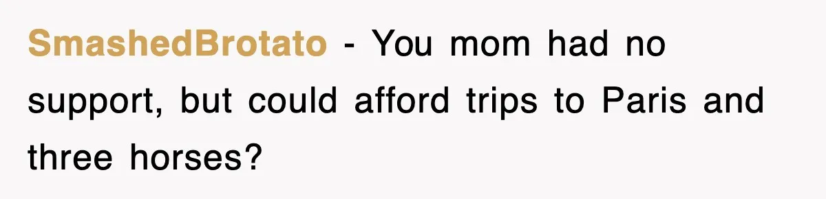 SmashedBrotato − You mom had no support, but could afford trips to Paris and three horses?