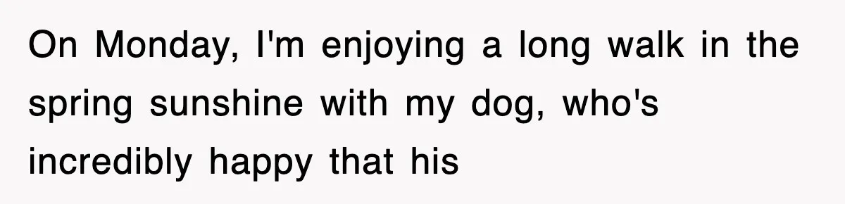 On Monday, I'm enjoying a long walk in the spring sunshine with my dog, who's incredibly happy that his