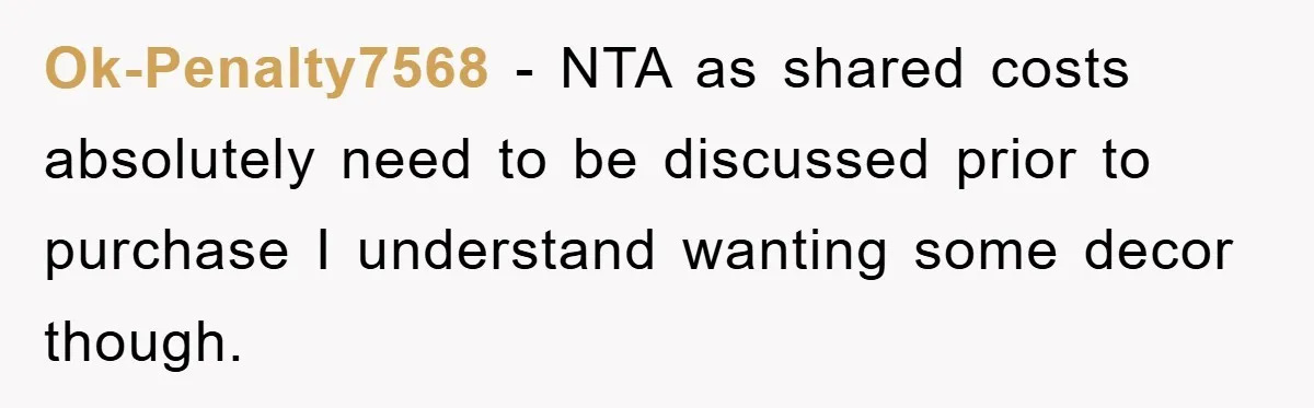 Ok-Penalty7568 − NTA as shared costs absolutely need to be discussed prior to purchase I understand wanting some decor though.