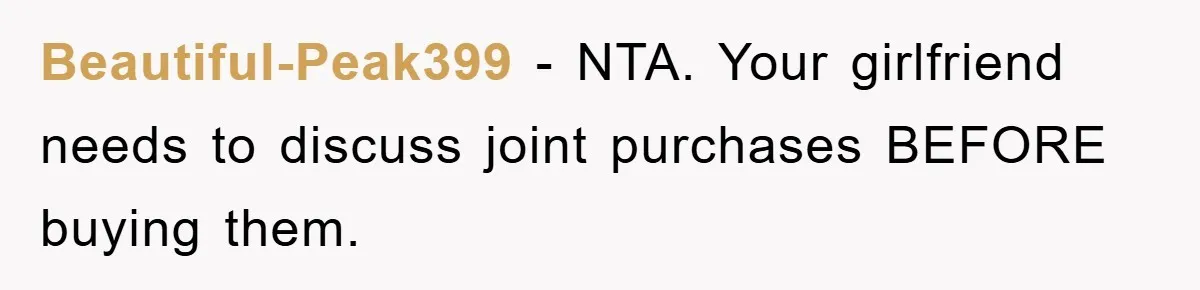 Beautiful-Peak399 − NTA. Your girlfriend needs to discuss joint purchases BEFORE buying them.