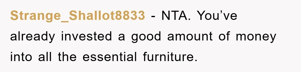 Strange_Shallot8833 − NTA. You’ve already invested a good amount of money into all the essential furniture.