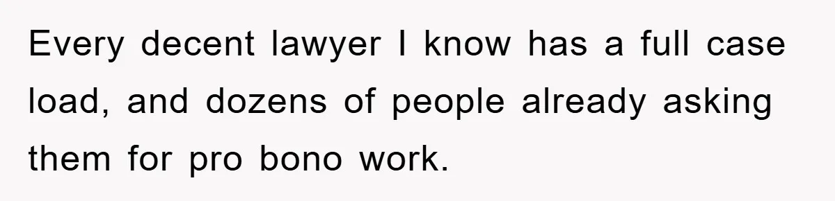 Every decent lawyer I know has a full case load, and dozens of people already asking them for pro bono work.