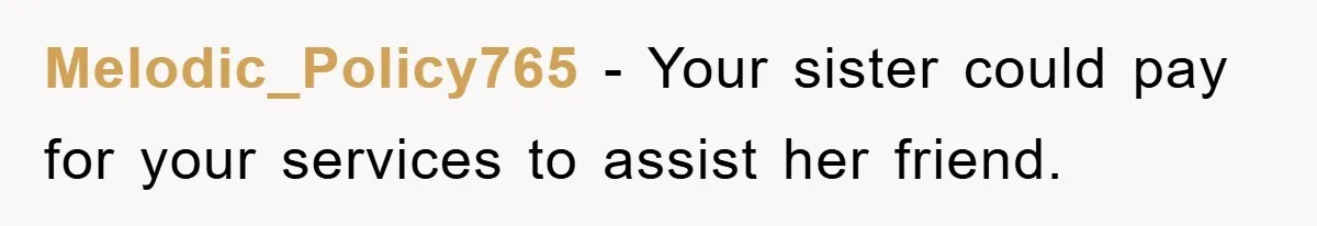 Melodic_Policy765 − Your sister could pay for your services to assist her friend.