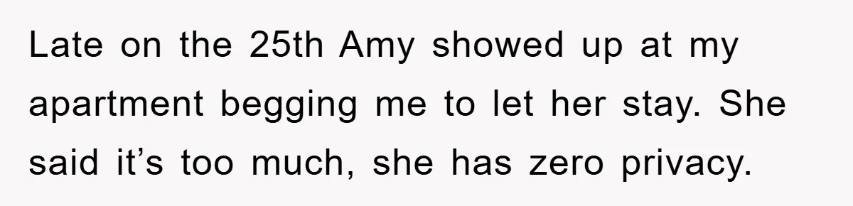 Late on the 25th Amy showed up at my apartment begging me to let her stay. She said it’s too much, she has zero privacy.