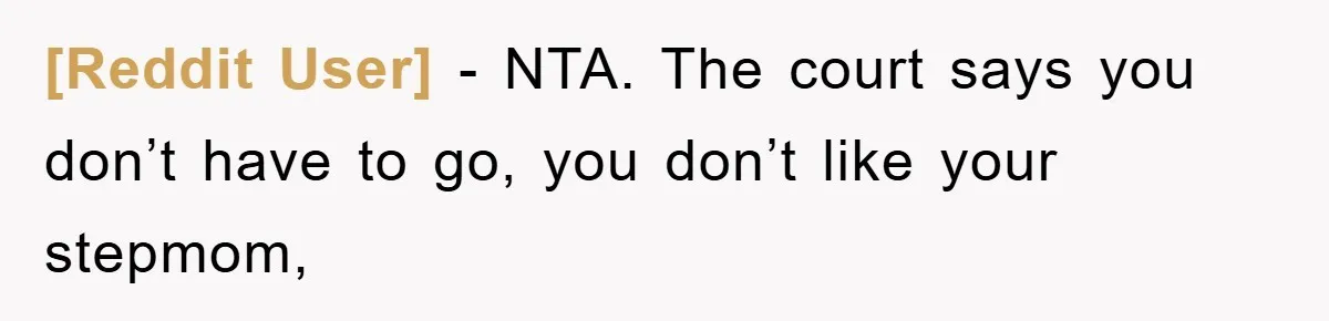[Reddit User] − NTA. The court says you don’t have to go, you don’t like your stepmom,