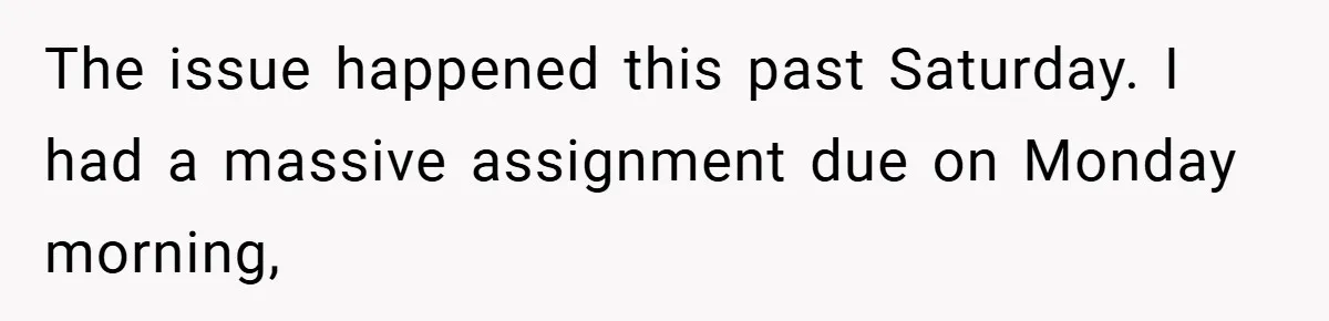 The issue happened this past Saturday. I had a massive assignment due on Monday morning,