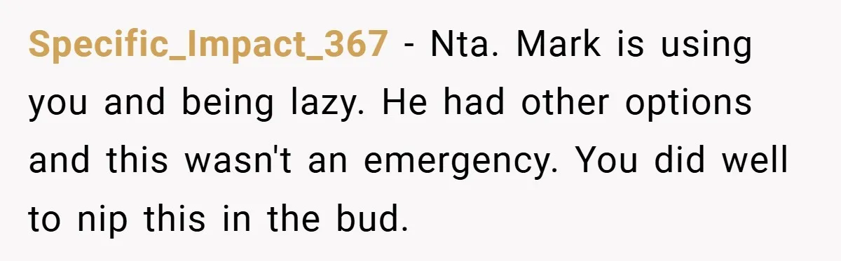 Specific_Impact_367 − Nta. Mark is using you and being lazy. He had other options and this wasn't an emergency. You did well to nip this in the bud.
