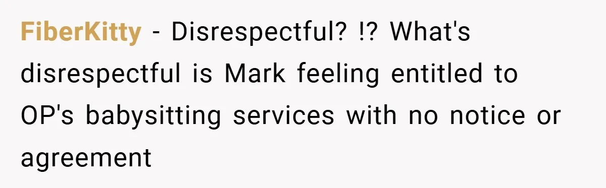 FiberKitty − Disrespectful? !? What's disrespectful is Mark feeling entitled to OP's babysitting services with no notice or agreement