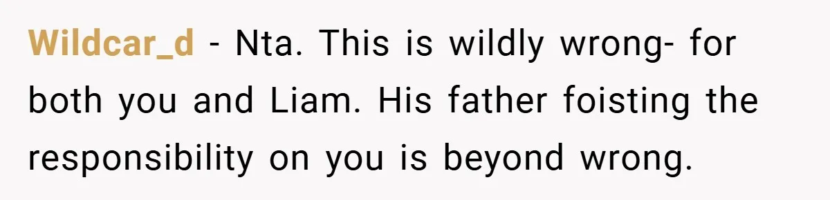 Wildcar_d − Nta. This is wildly wrong- for both you and Liam. His father foisting the responsibility on you is beyond wrong.