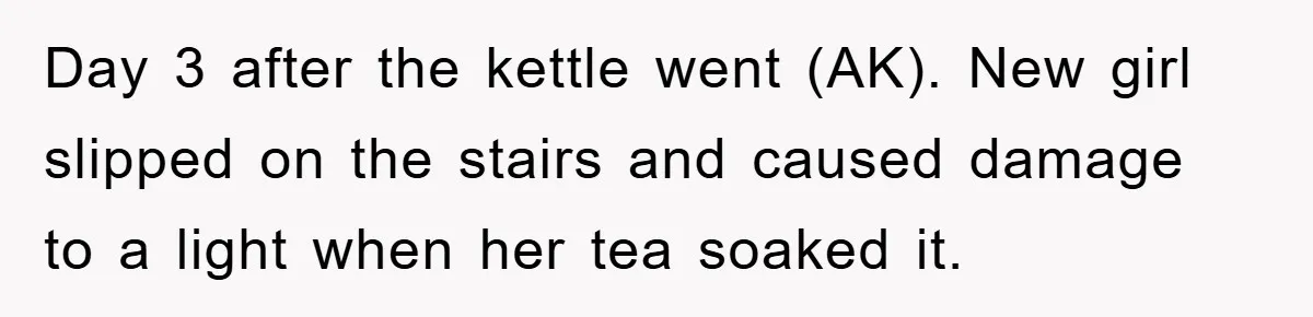 Day 3 after the kettle went (AK). New girl slipped on the stairs and caused damage to a light when her tea soaked it.