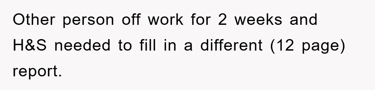 Other person off work for 2 weeks and H&S needed to fill in a different (12 page) report.