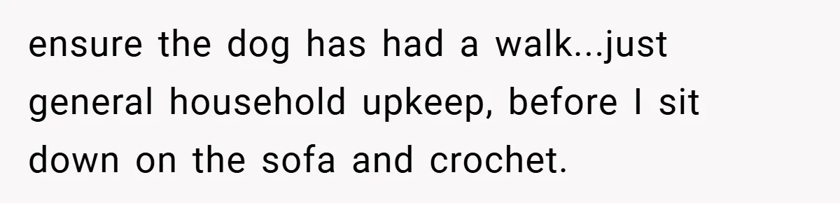 ensure the dog has had a walk...just general household upkeep, before I sit down on the sofa and crochet.