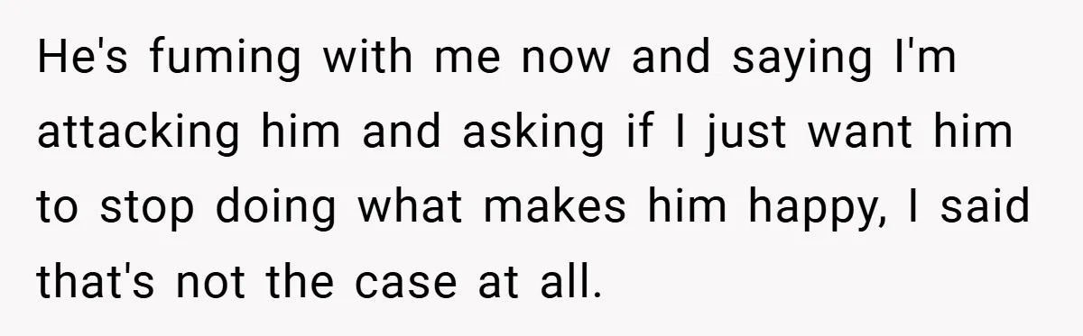 He's fuming with me now and saying I'm attacking him and asking if I just want him to stop doing what makes him happy, I said that's not the case...