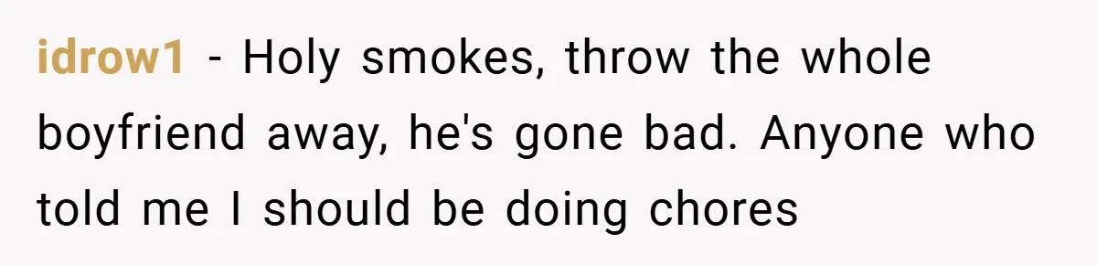 idrow1 − Holy smokes, throw the whole boyfriend away, he's gone bad. Anyone who told me I should be doing chores