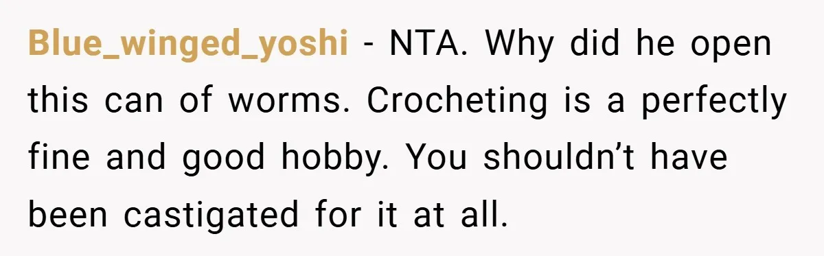Blue_winged_yoshi − NTA. Why did he open this can of worms. Crocheting is a perfectly fine and good hobby. You shouldn’t have been castigated for it at all.