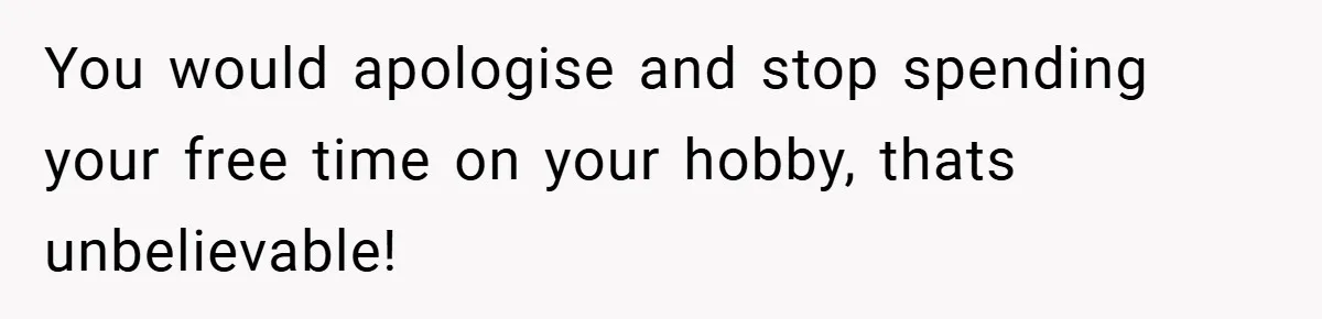You would apologise and stop spending your free time on your hobby, thats unbelievable!