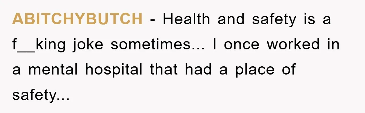 ABITCHYBUTCH − Health and safety is a f__king joke sometimes... I once worked in a mental hospital that had a place of safety...
