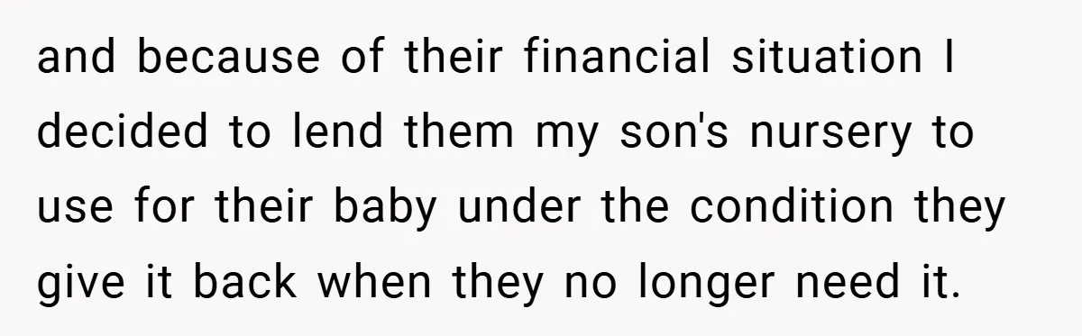 and because of their financial situation I decided to lend them my son's nursery to use for their baby under the condition they give it back when they no longer...