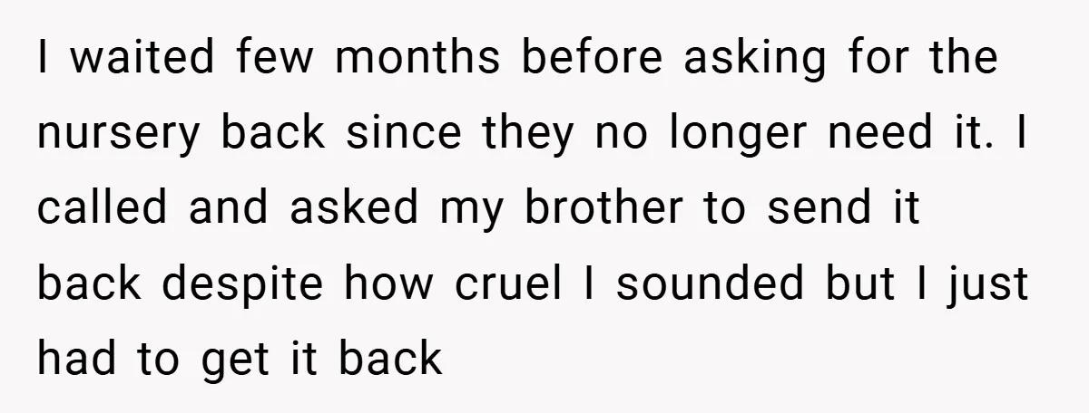 I waited few months before asking for the nursery back since they no longer need it. I called and asked my brother to send it back despite how cruel I...