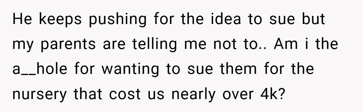 He keeps pushing for the idea to sue but my parents are telling me not to.. Am i the a__hole for wanting to sue them for the nursery that cost...