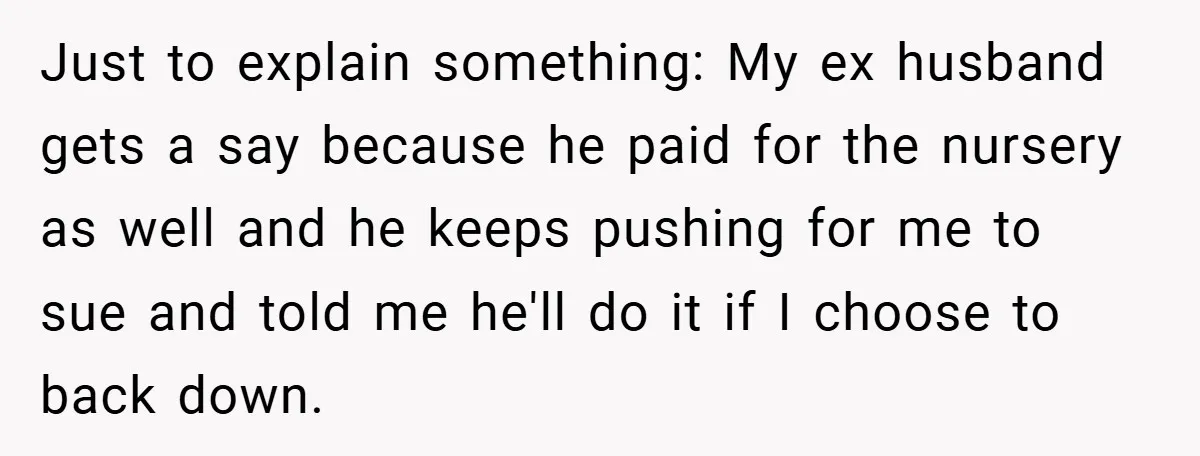 Just to explain something: My ex husband gets a say because he paid for the nursery as well and he keeps pushing for me to sue and told me he'll...