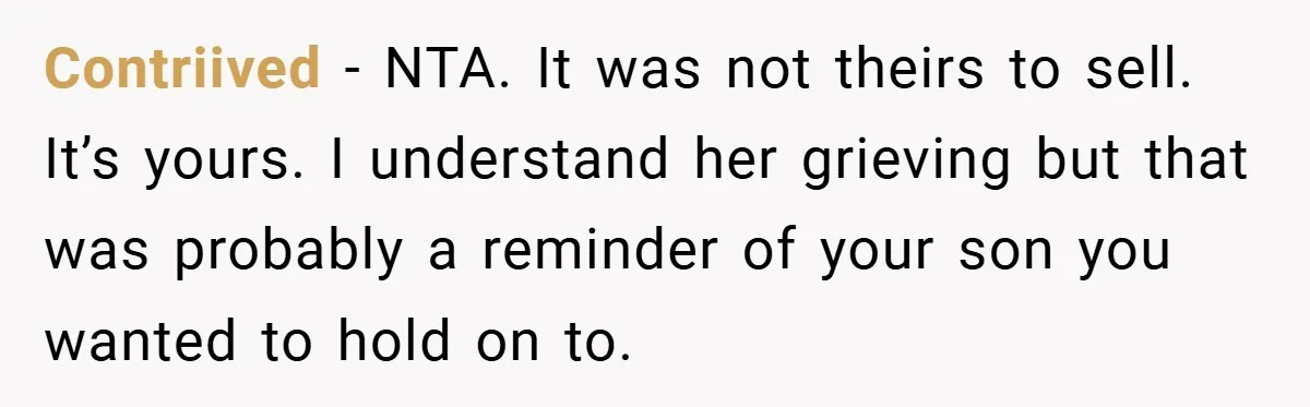 Contriived − NTA. It was not theirs to sell. It’s yours. I understand her grieving but that was probably a reminder of your son you wanted to hold on to.