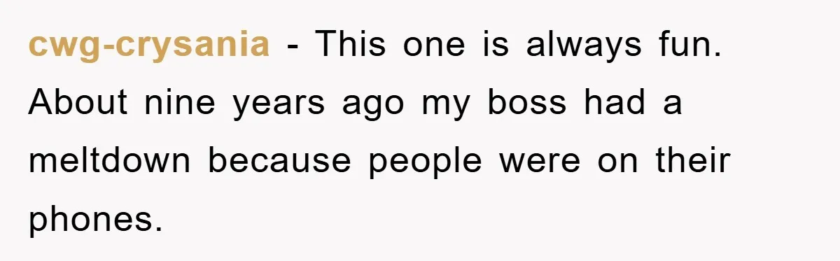 cwg-crysania − This one is always fun. About nine years ago my boss had a meltdown because people were on their phones.