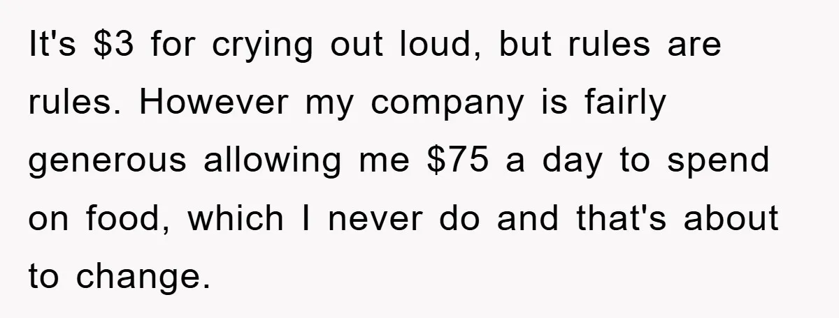 It's $3 for crying out loud, but rules are rules. However my company is fairly generous allowing me $75 a day to spend on food, which I never do and...