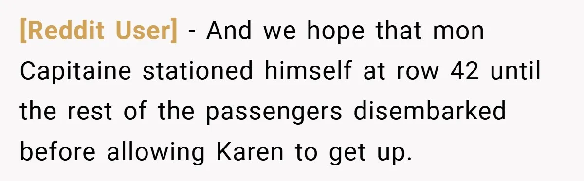 [Reddit User] − And we hope that mon Capitaine stationed himself at row 42 until the rest of the passengers disembarked before allowing Karen to get up.