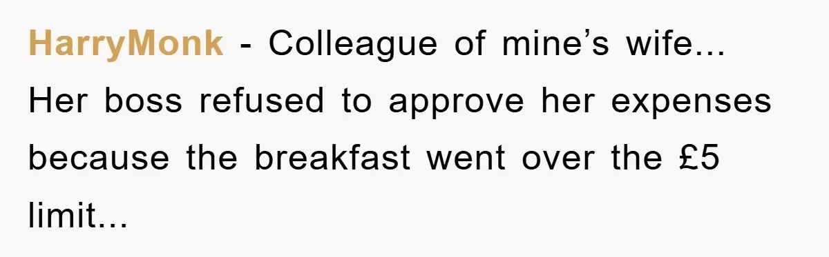 HarryMonk − Colleague of mine’s wife... Her boss refused to approve her expenses because the breakfast went over the £5 limit...