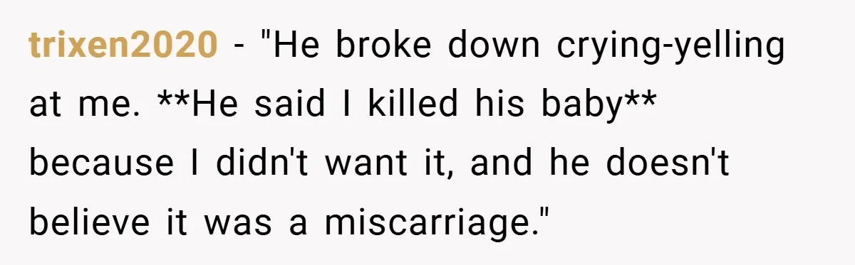 trixen2020 − "He broke down crying-yelling at me. **He said I killed his baby** because I didn't want it, and he doesn't believe it was a miscarriage."