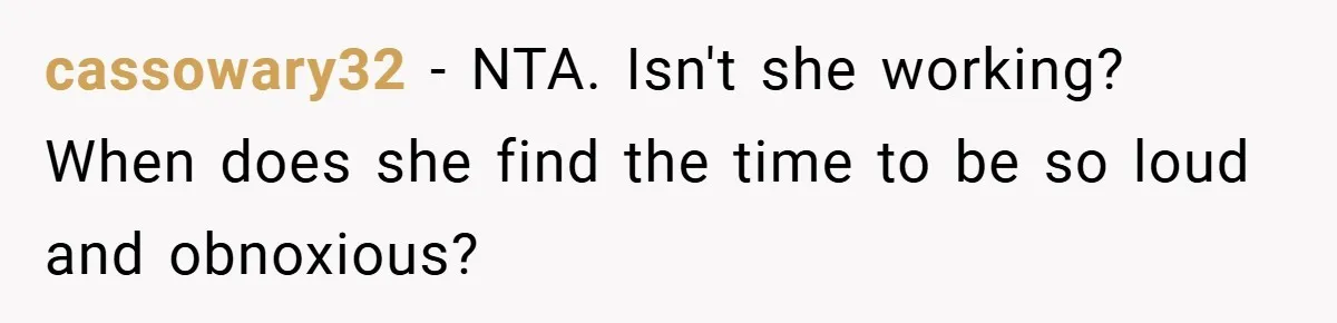 cassowary32 − NTA. Isn't she working? When does she find the time to be so loud and obnoxious?