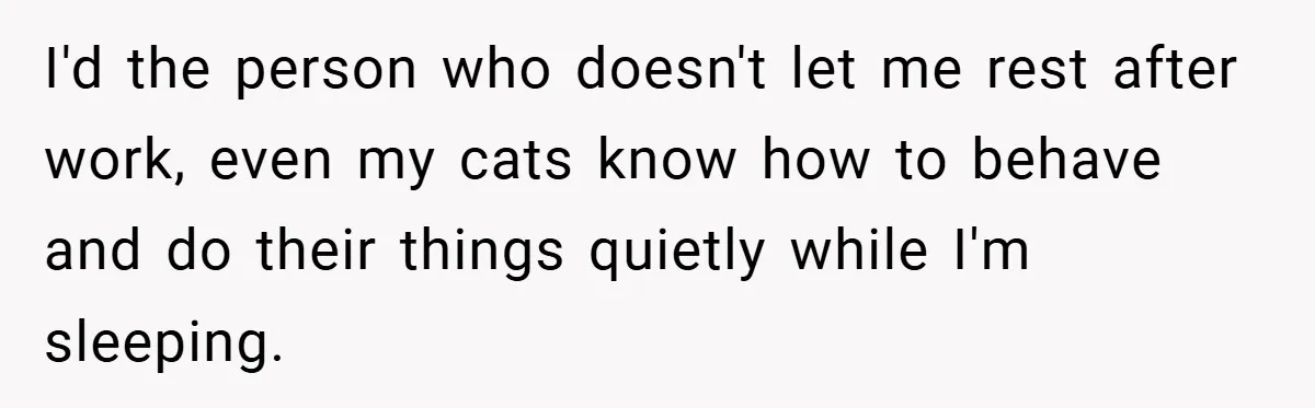 I'd the person who doesn't let me rest after work, even my cats know how to behave and do their things quietly while I'm sleeping.