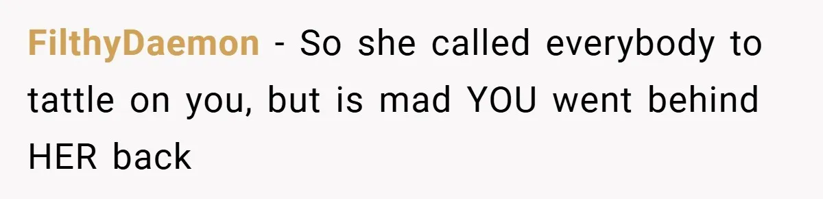 FilthyDaemon − So she called everybody to tattle on you, but is mad YOU went behind HER back