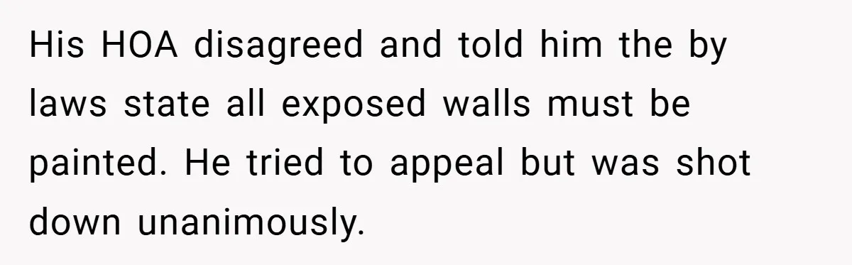 His HOA disagreed and told him the by laws state all exposed walls must be painted. He tried to appeal but was shot down unanimously.
