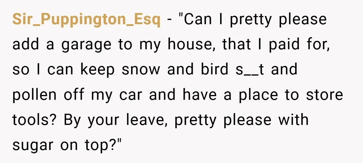 Sir_Puppington_Esq − "Can I pretty please add a garage to my house, that I paid for, so I can keep snow and bird s__t and pollen off my car and...