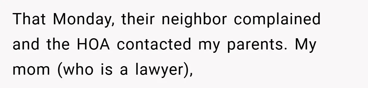 That Monday, their neighbor complained and the HOA contacted my parents. My mom (who is a lawyer),