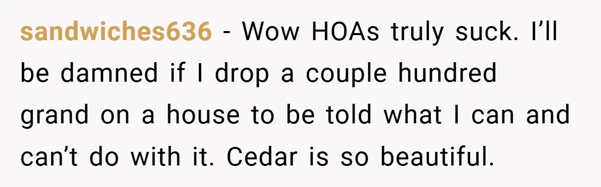 sandwiches636 − Wow HOAs truly suck. I’ll be damned if I drop a couple hundred grand on a house to be told what I can and can’t do with it....