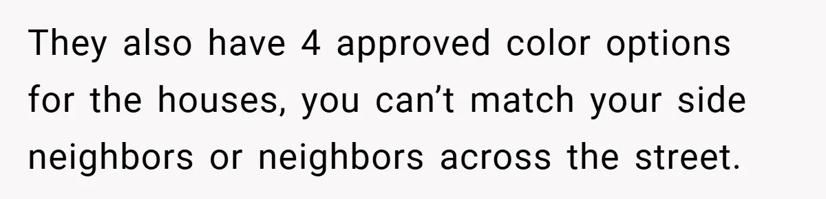 They also have 4 approved color options for the houses, you can’t match your side neighbors or neighbors across the street.