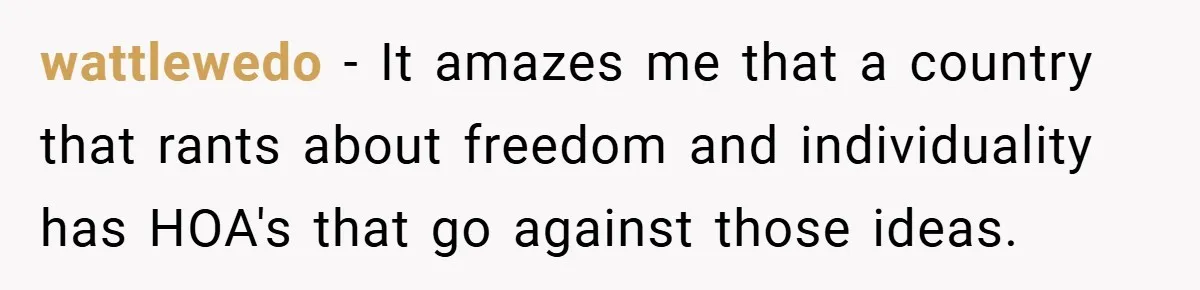 wattlewedo − It amazes me that a country that rants about freedom and individuality has HOA's that go against those ideas.